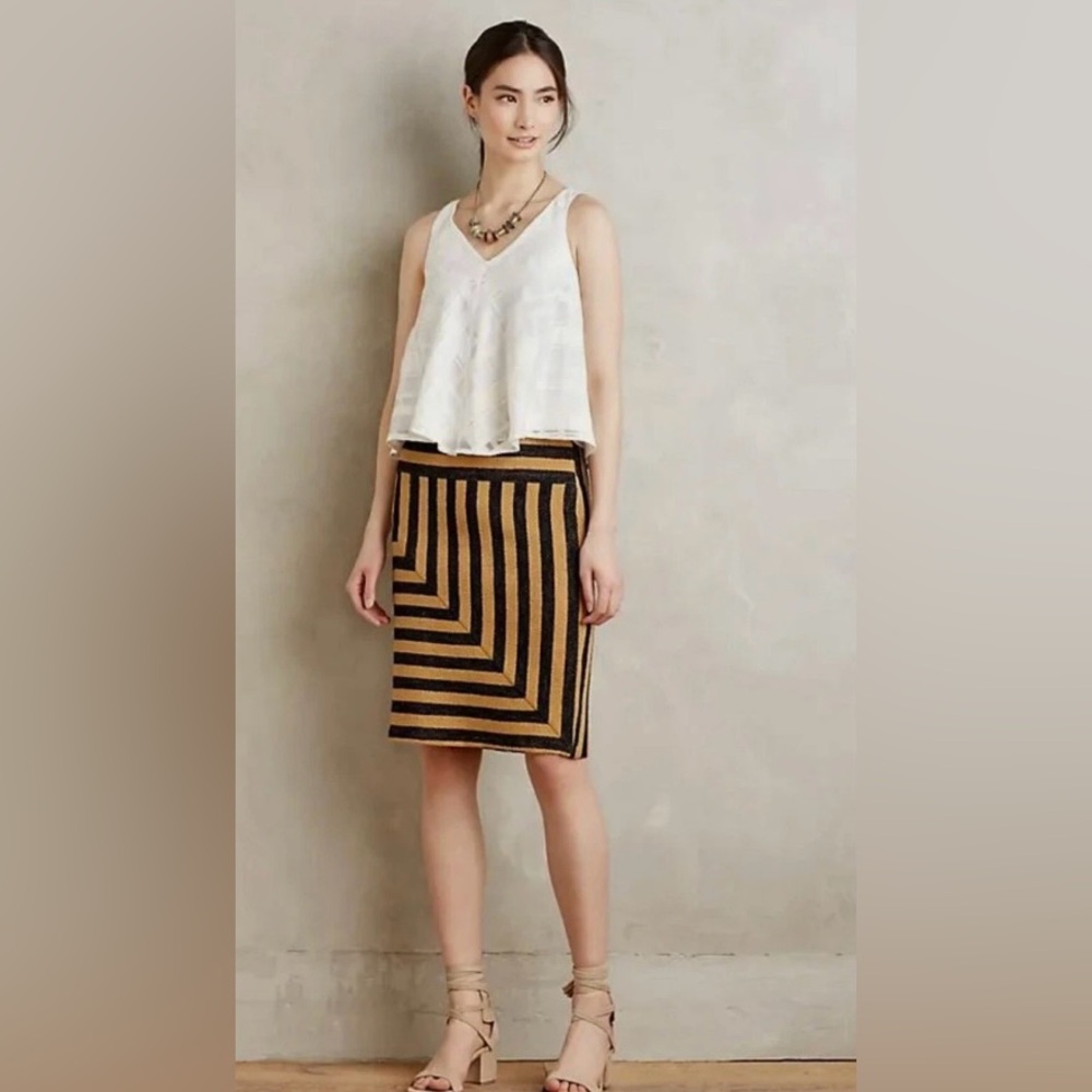 Eva Franco made in USA lined pencil skirt. Mustard yellow/midnight blue stripe.